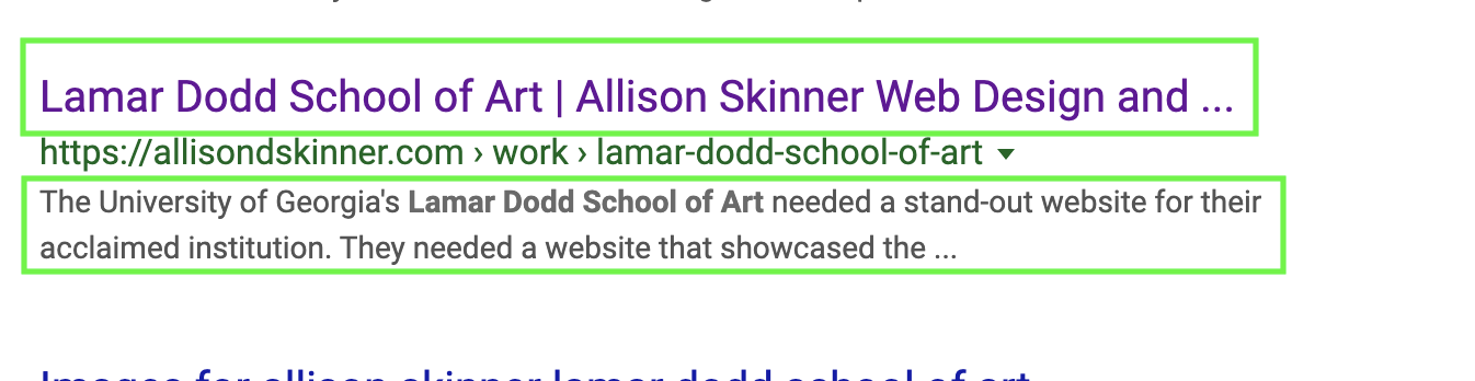 screenshot of how my meta information, site title and description, show up in google search result