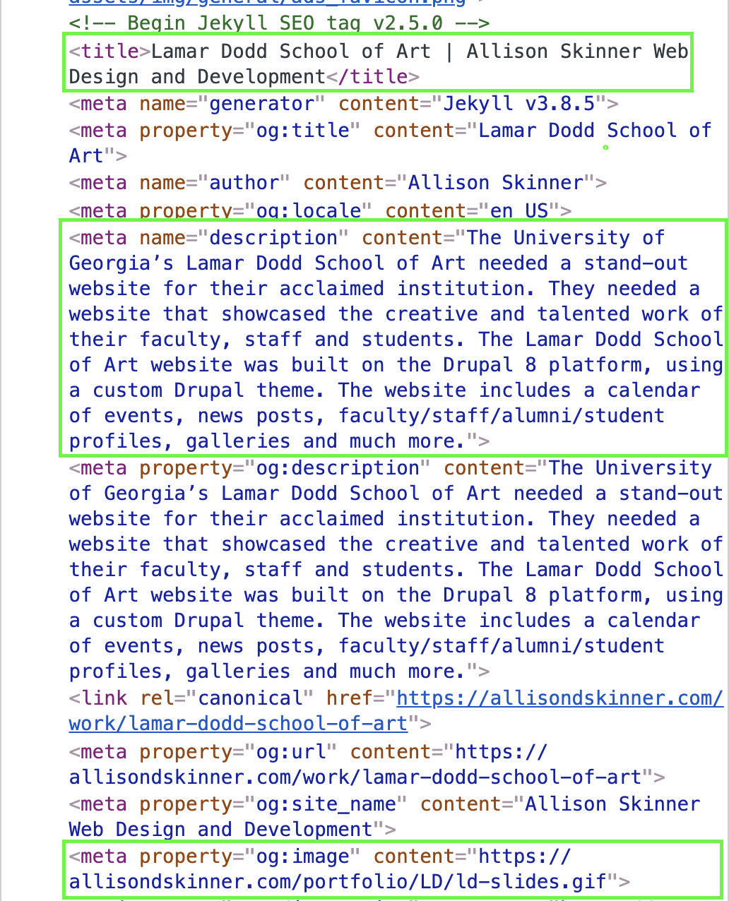screenshot of meta information in the html head of my website. Includes site title and description