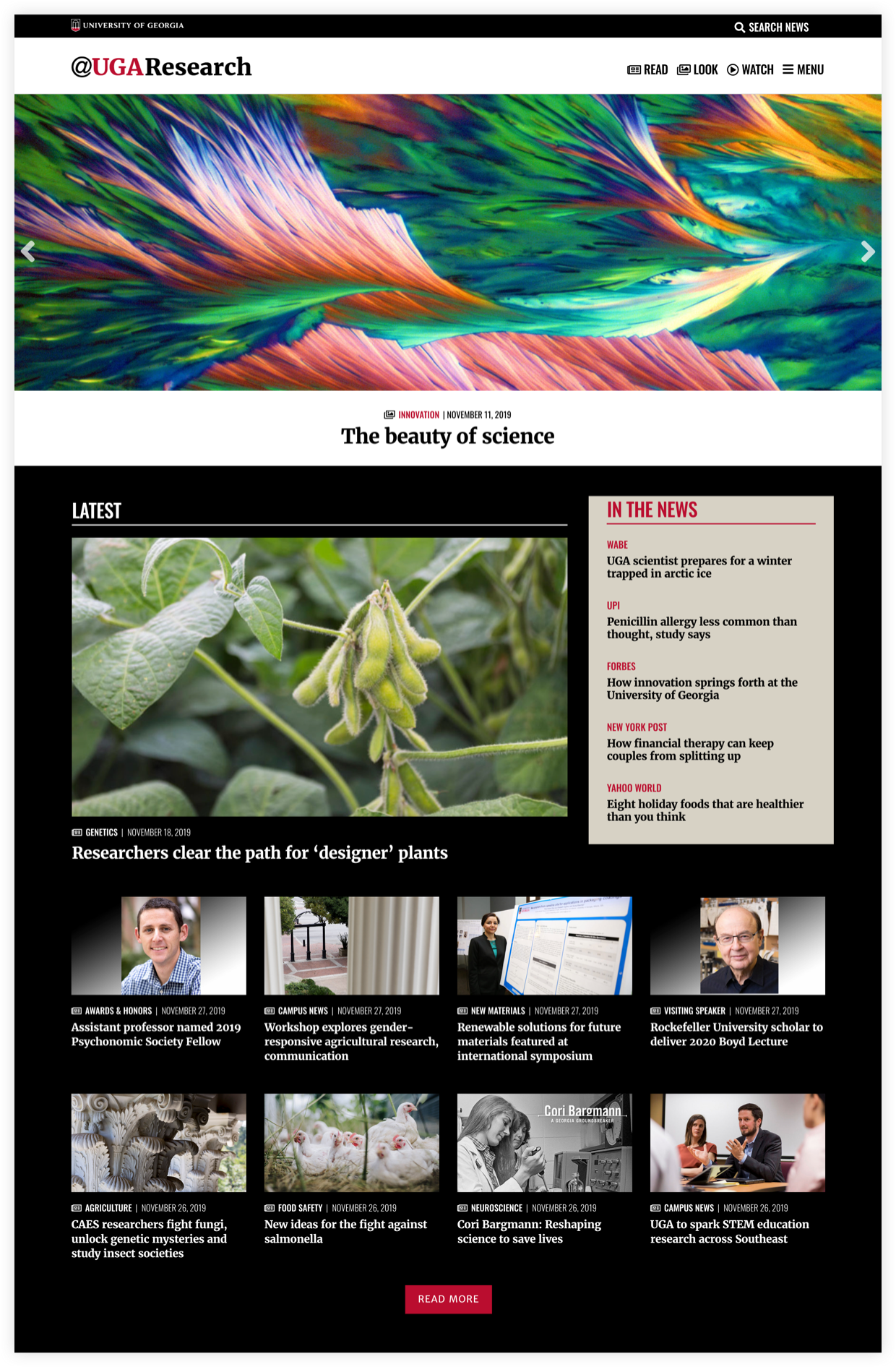 UGA Research News homepage featuring slideshow and latest news