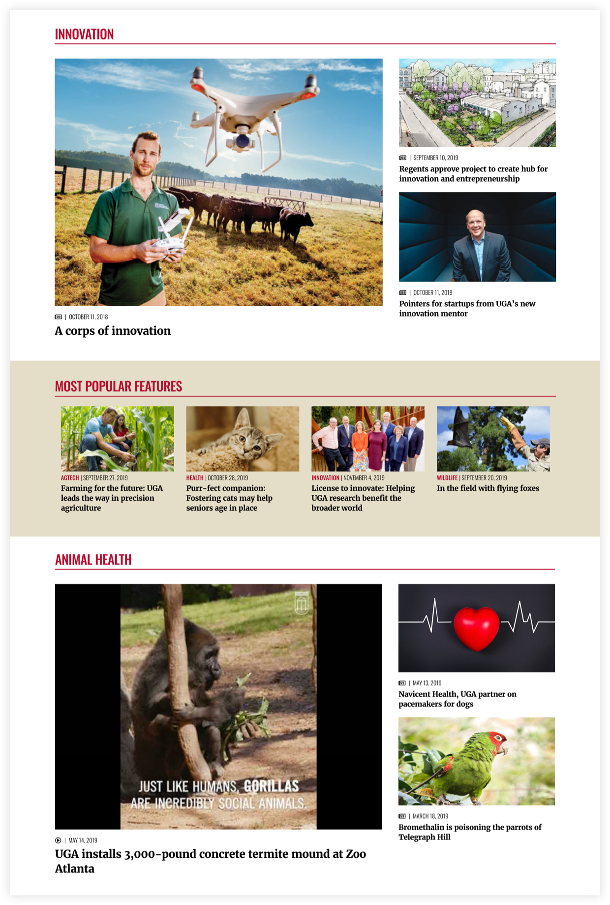 UGA Research News homepage featuring highlighted categories and most popular stories