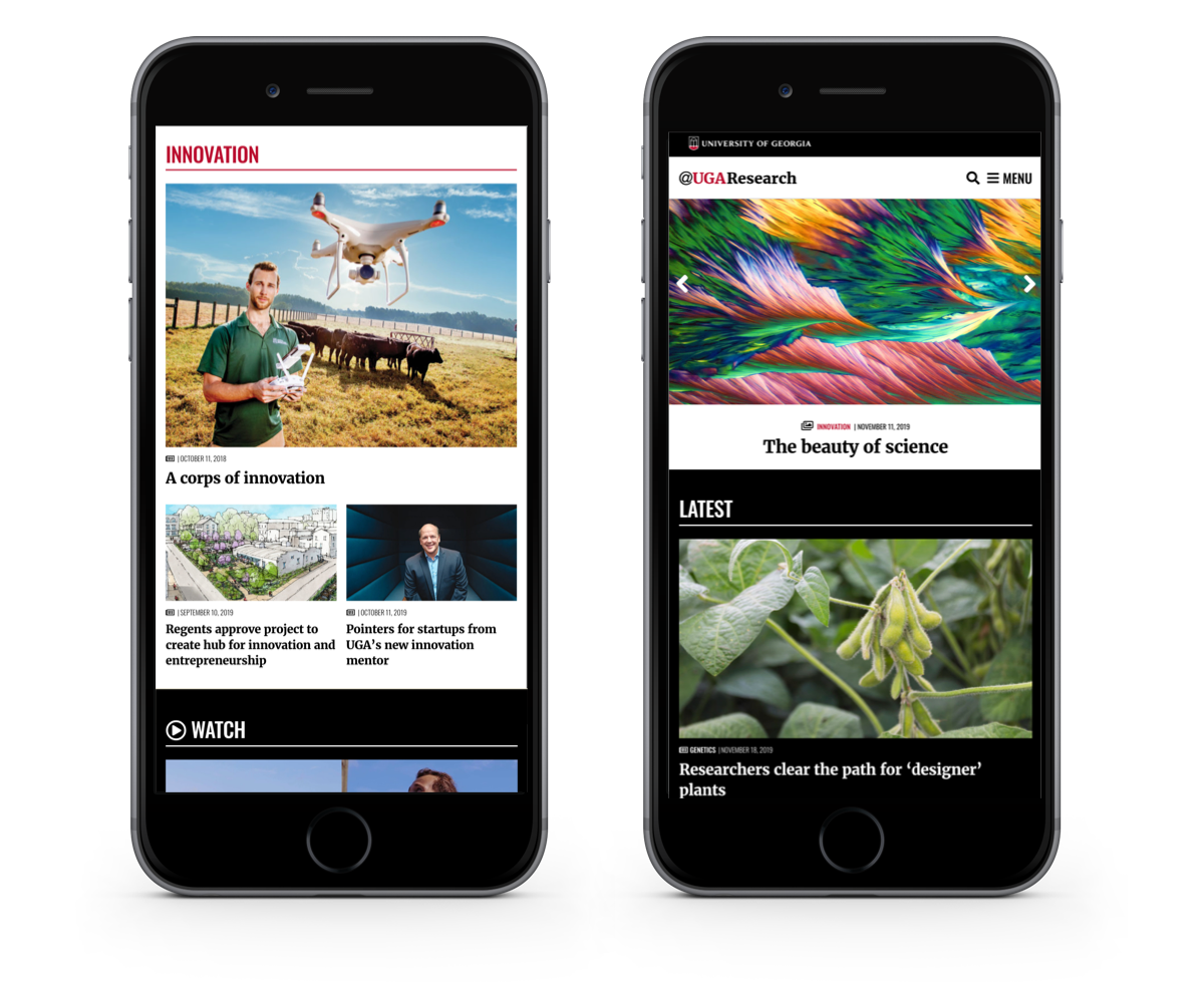 UGA Research News homepage on mobile