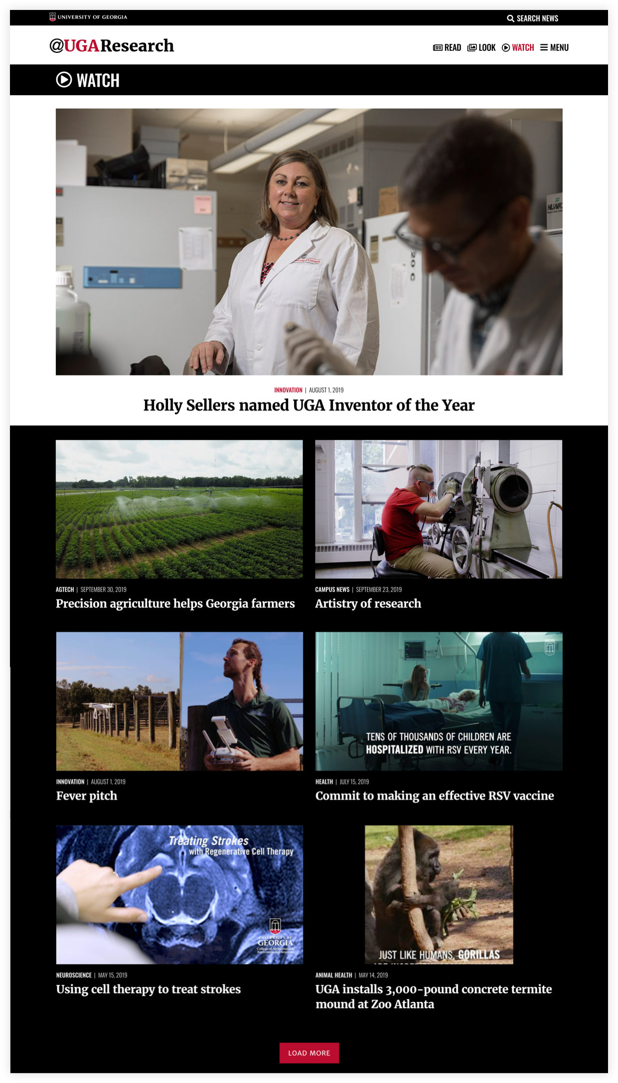 UGA Research News WATCH page with featured video posts and latest video posts