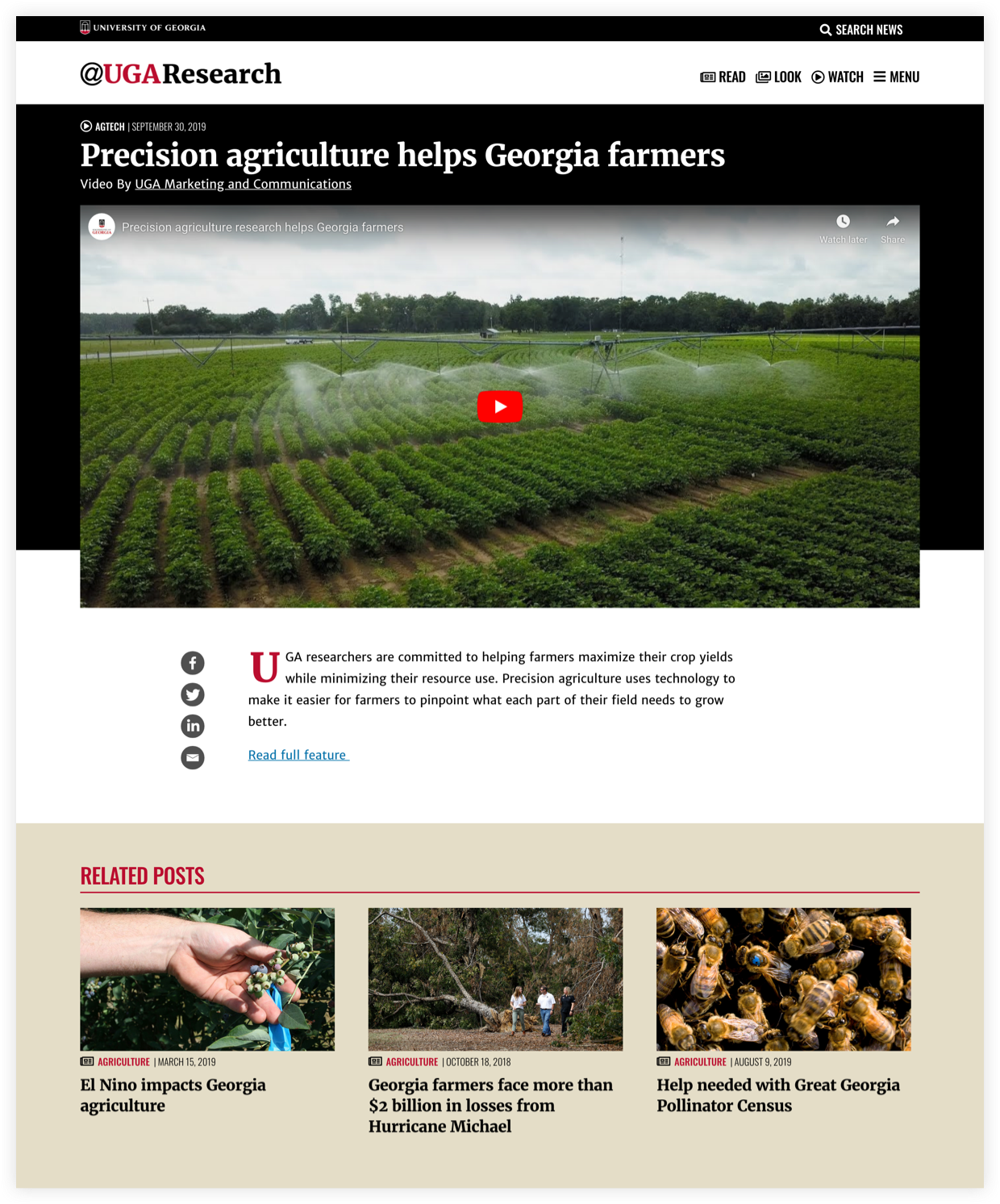 UGA Research News WATCH page with featured video posts and latest video posts