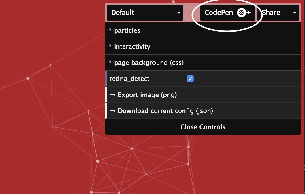 codepen button on particle.js simulator